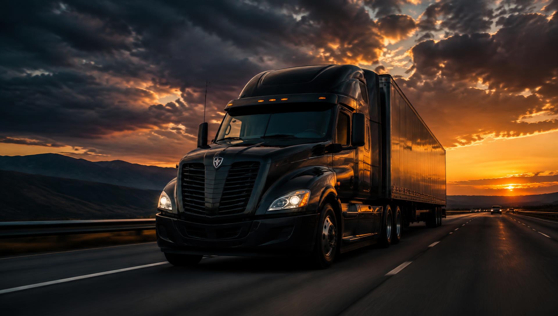 Black American semi-truck driving on an interstate highway at sunset
